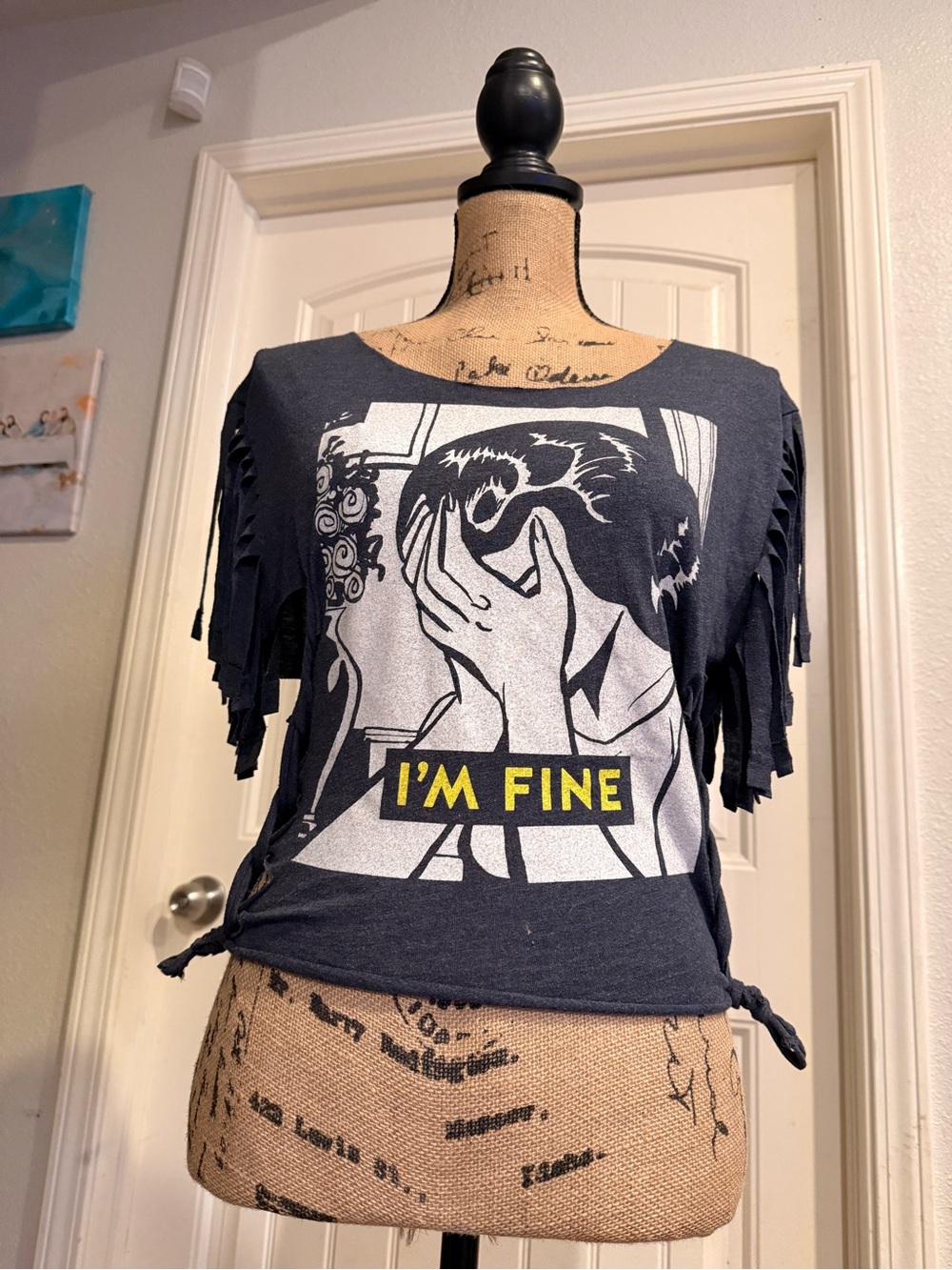 “I’m Fine” Upcycled Fringe Graphic Tee – Size Small
